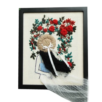 

25 x 30cmDIY Knitting Wool Rug Hooking Kit Handcraft Woolen Embroidery Creative Gift with Frame Poke Needle Photo Frame - Girl