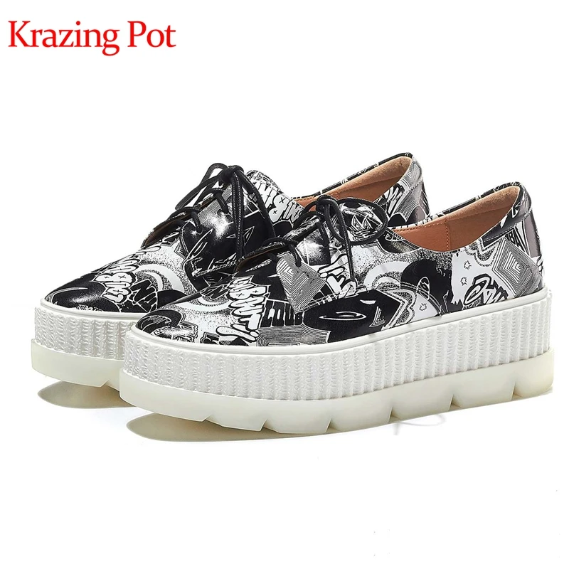 

2019 print sheep leather platform lace up graffiti decoration round toe high heels thick bottom personality vulcanized shoes L21