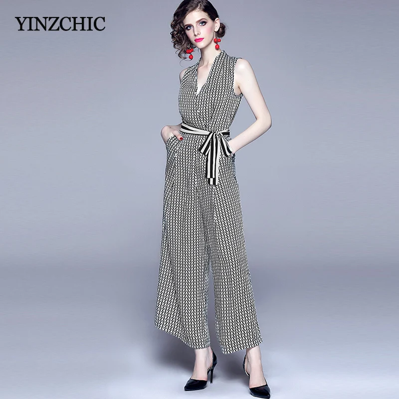 

Fashion Woman Long Jumpsuits Letters Printed Female Casual Sleeveless Jumper Sash Waisted Loose Pants Jumpsuits Woman