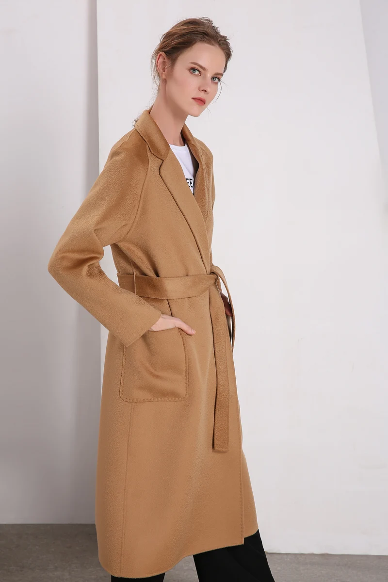 Luxury Women's Runway Coats Turn Down Collar Long Sleeves Sash Belt Elegant Double Cashmere Wool Overcoats Winter Outerwear
