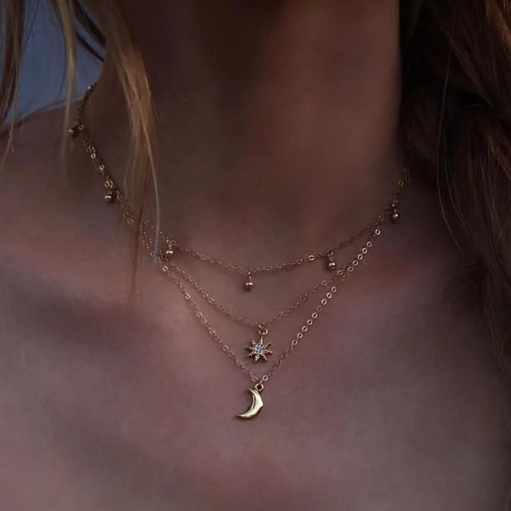 

Multiple Layer moon Pendant Choker Layered Gold Necklace Jewelry Fashion Adjustable Neck Collar for Women Bohemia Necklace