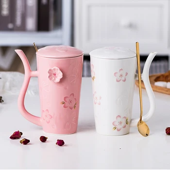 

creative cherry blossom ceramic coffee mug with lid spoon couple coffee cup water mugs straw handle design cute water cup