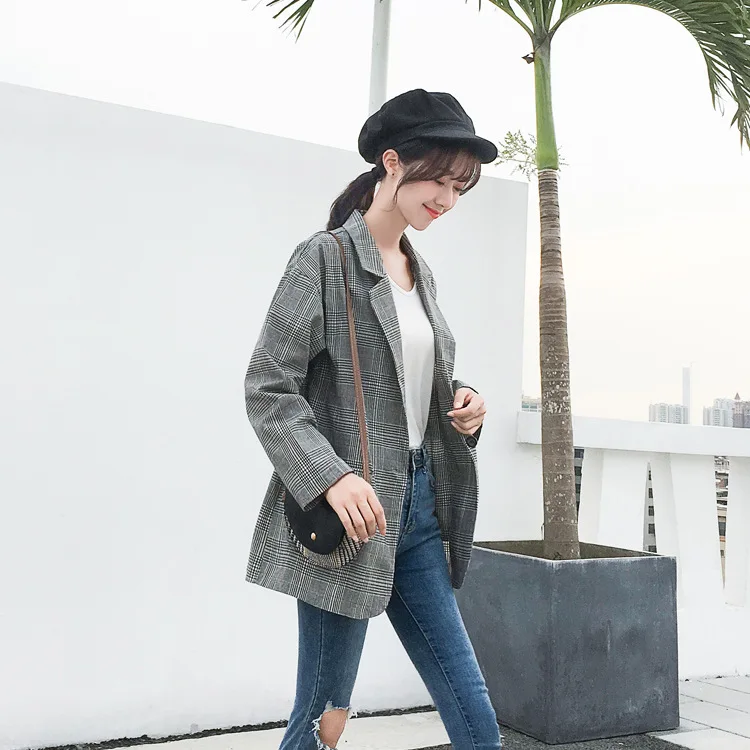 

Retro Plaid Suit Jacket Women's 2019 Spring And Autumn Loose-Fit Korean-style Tops INS Online Celebrity Pattern Casual Suit