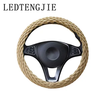 

LEDTENGJIE 37-8CM Faux Leather Car Steering Wheel Cover Four Seasons Universal Embroidered Car Handle Cover