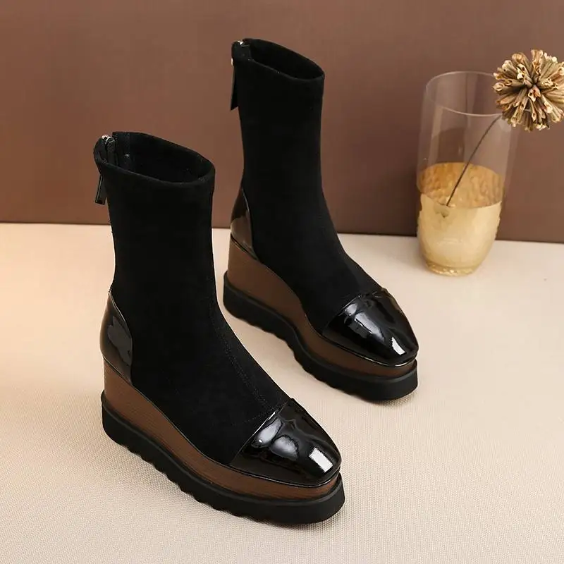 comfortable flock square toe wedges mid-calf boots casual lace up runway strech platform boots increased women winter shoes L08