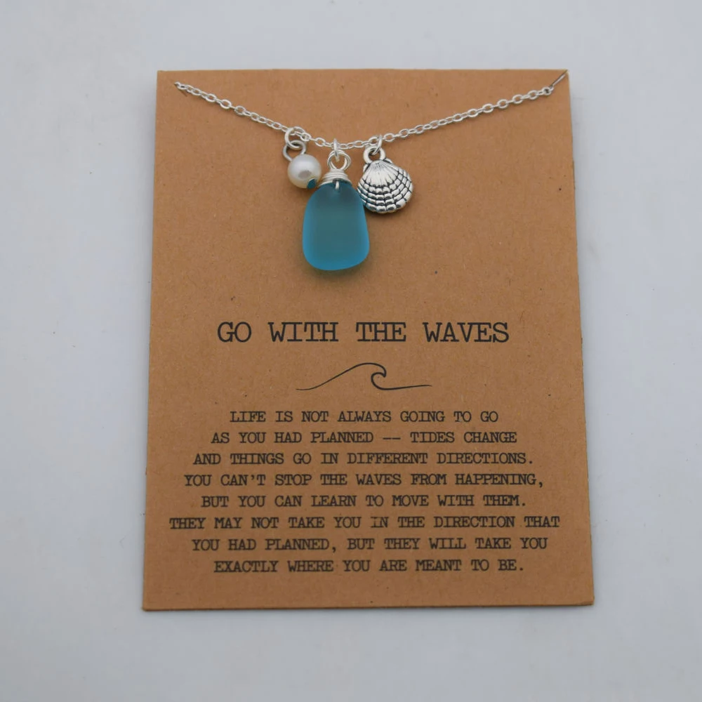 Sanlan Wire wrapped sea glass necklace with cards Beach Lover Gift 2