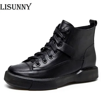 

Women Shoes 2020 Genuine Leather Autumn Winter Boot Woman Vintage Ankle Boots For Women Lace Up Flat Heels Zipper Botas Mujer