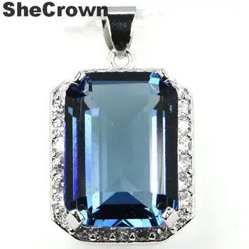 

28x15mm SheCrown Big Gemstone 18x13mm London Blue Topaz Violet Tanzanite CZ Woman's Gift 925 Silver Pendant