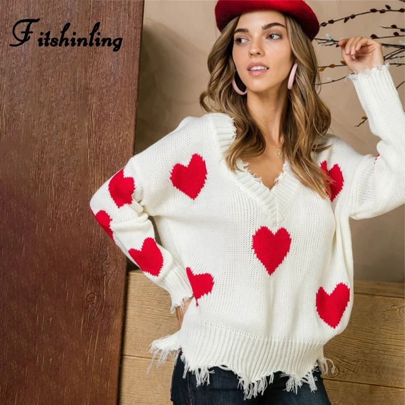 Fitshinling Fringe Heart женский свитер с v-образным вырезом в Корейском стиле женские зимние свитера пуловеры осень тонкий джемпер Pull Femme