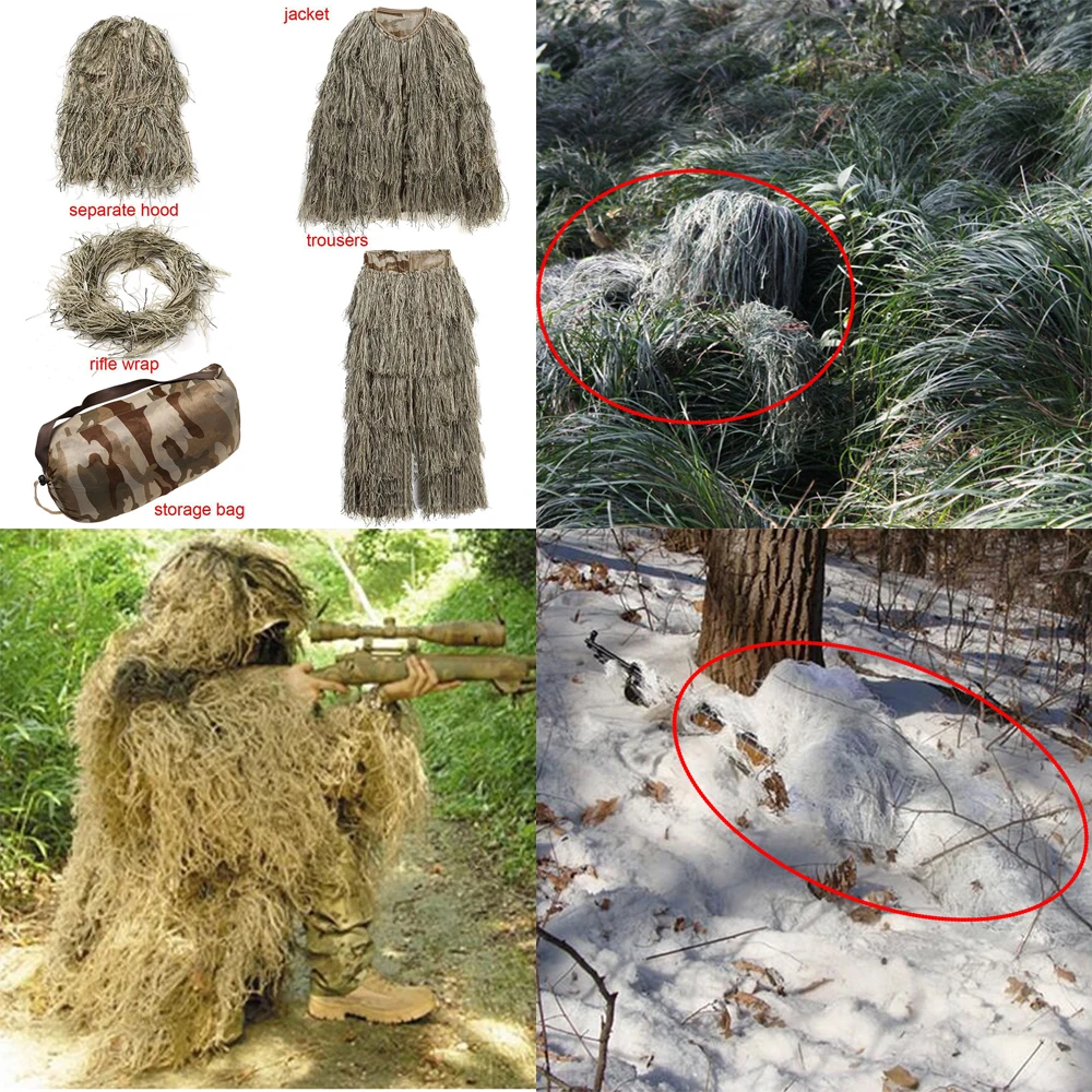 3D ghillie Костюмы универсальные камуфляжные костюмы лесной одежды Регулируемый охотничий армейский Тактический Снайперский прицел набор с сумками