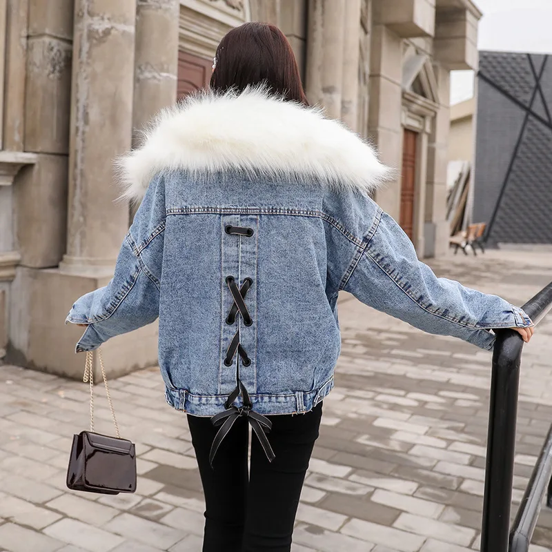 

Hong Kong Style CHIC Faux Fox Fur Collar plus Velvet Jeans Coat Women's Loose-Fit Autumn And Winter New Style Thick Cotton-padde