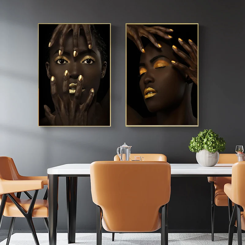 Wall Art African Women Golden Finger Canvas Painting Poster And Prints For Living Room Modern Black Girl Home Decor