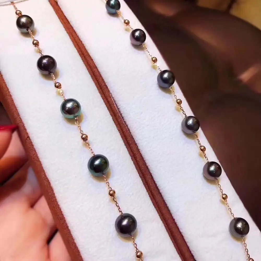 Изысканные ювелирные изделия из чистого золота 18 К натуральная пресная вода 8-9 мм черные жемчужные браслеты для женщин Изящные браслеты из жемчуга