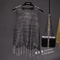 Sexy Shiny Gold Silver Knitted Tank Tops Women Bling Bling Sequined Tassels Knitted Vest  All Neon Store Clothes  Korean - Image 2