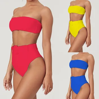 

Hirigin Strapless High Waist Bikini Women New Swimwear 2020 Push Up Padded Solid Biquini Set Women Waist Belts Bathing Suit Hot
