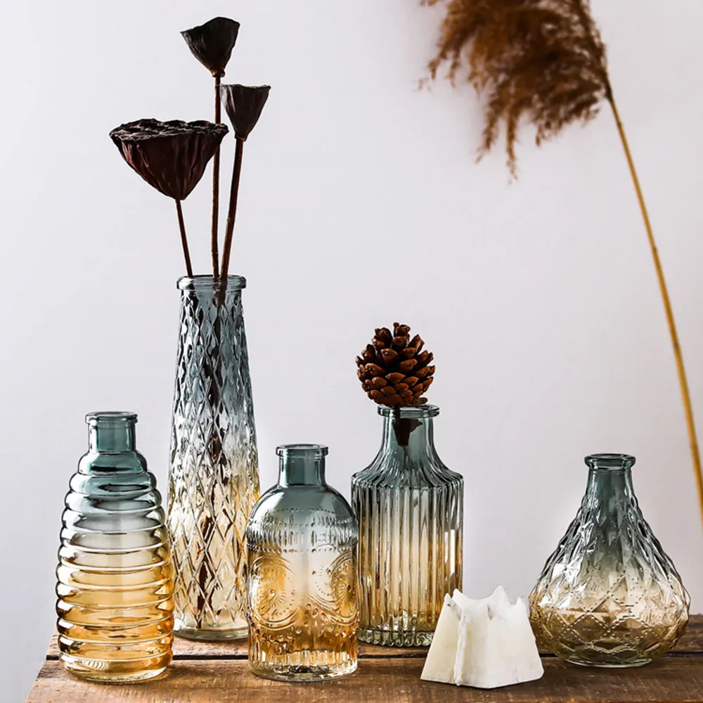 

Relief Glass Vase Scandinavian Color Gradient Table Vase Fresh Flower Container Jar Hydroponic Plant Storage Bottle