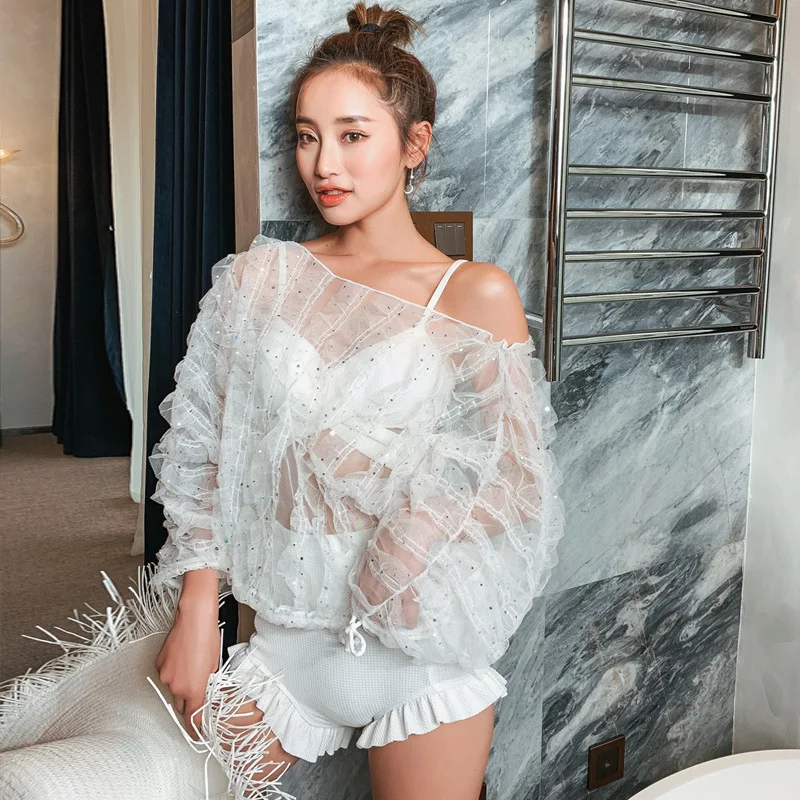

New Style Bathing Suit Women's Three-piece Set Bikini Sexy Underwire Split Type Triangular High-waisted Belly Covering Lace Blou