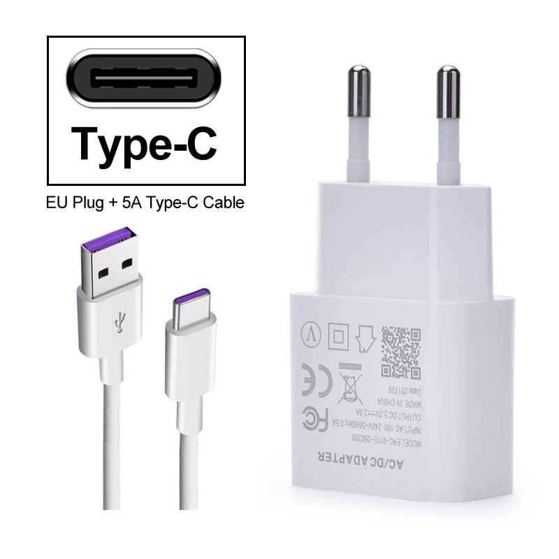 Быстрое зарядное устройство 5V 2A EU Plug 5A type-C Usb кабель для быстрой зарядки для huawei P20 Lite P30 Pro P10 P9 Plus P8 Lite - Тип штекера: EU Plug Type-C Cable