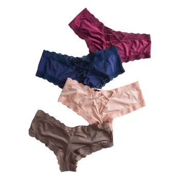 

Fashion Back Bandage Design Satin Sexy Lace Panties Women Solid Seamless Underwear Soft High Level Crotch Cotton Breifs