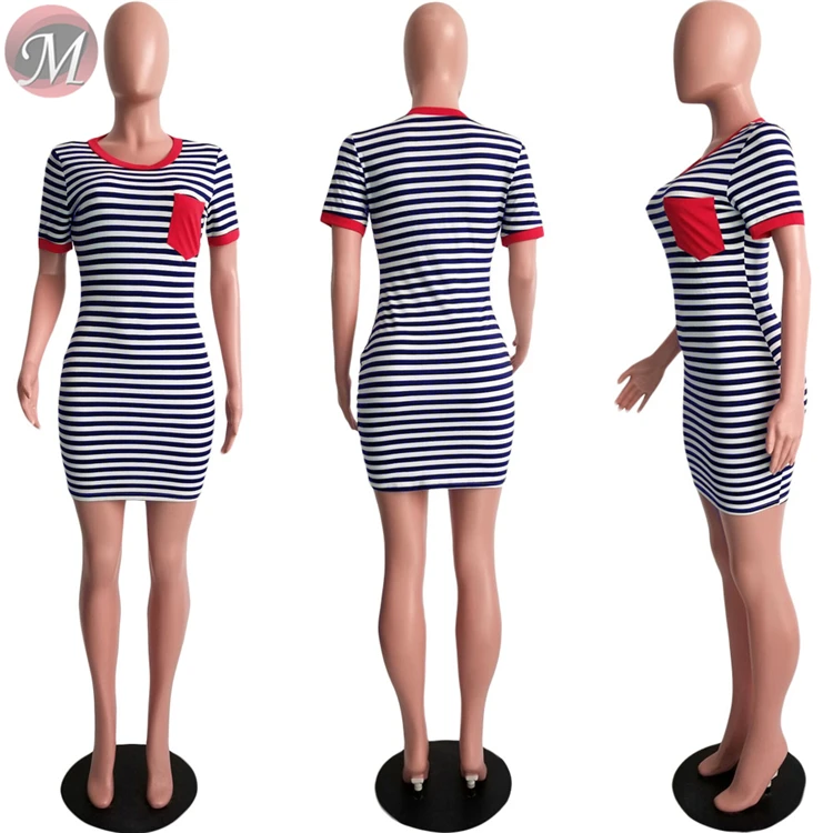 9062707 queenmoen hot sale summer casual woman stripe t-shirt mini dress with solid pocket