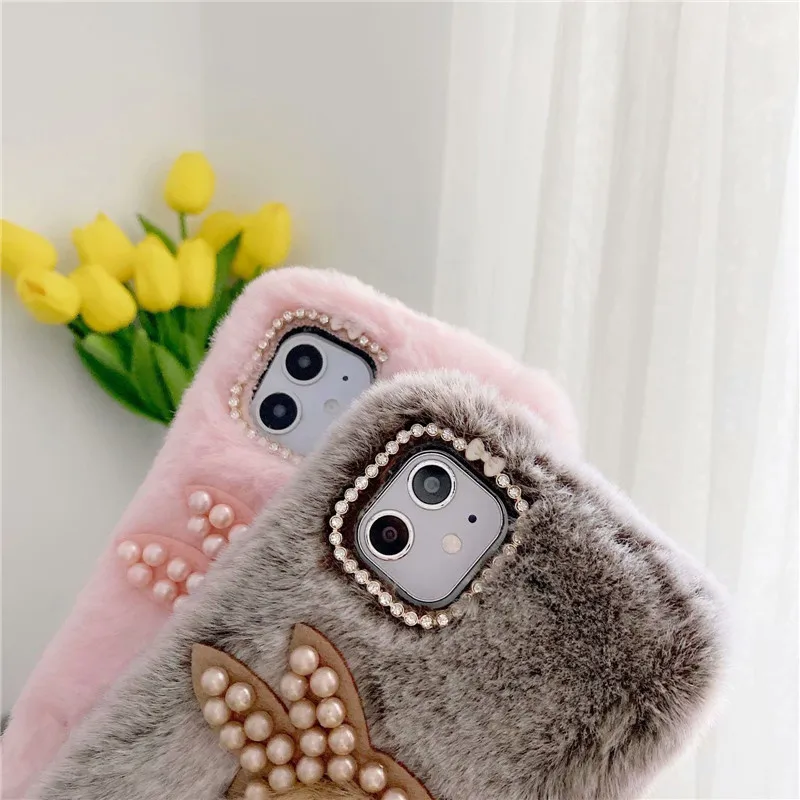 新款珍珠兔子小熊毛绒手机壳 (2)