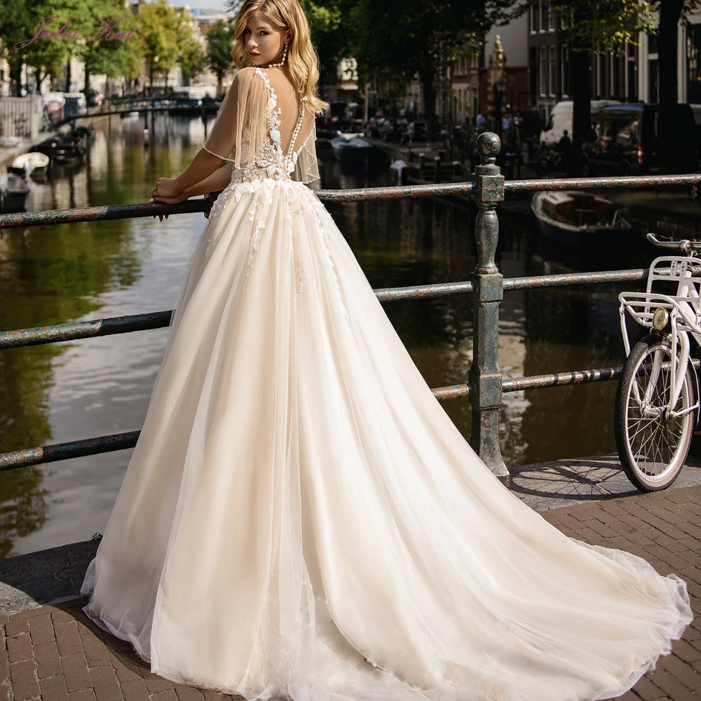 

Julia Kui Chic Embroidery Organza V-neck A- Line Wedding Dress With Unique Sleeves Button Back Beading Pearls Bride Dress Gowns