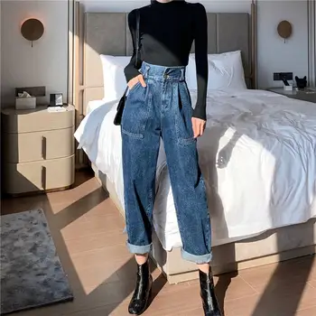 

Autumn Winter All-Around Thin High Waist Denim Pants Straight Tube Nine Points Curling Loose Jeans Casual Harem Jeans