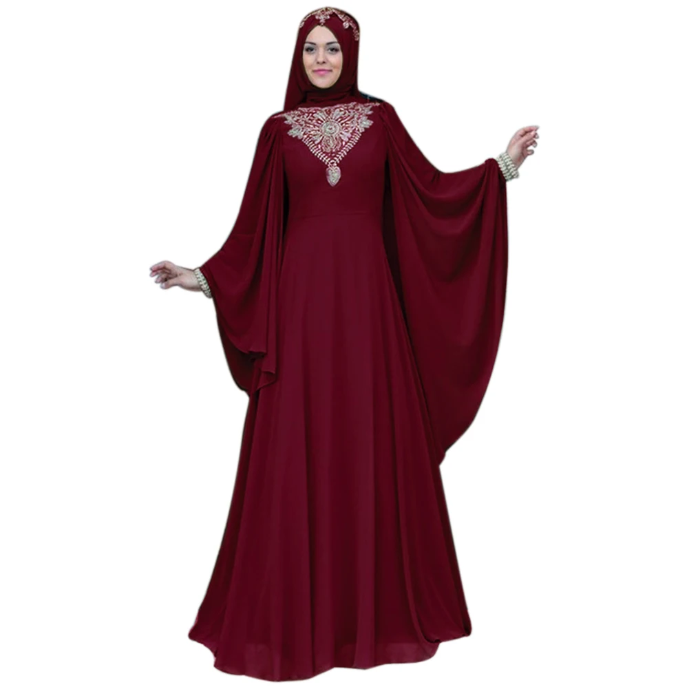 Свободные элегантные однотонные праздничные большие качели мусульманские вырез лодочкой уникальные вечерние женские платья Высокая талия с рюшами рукав макси осень - Цвет: Wine Red