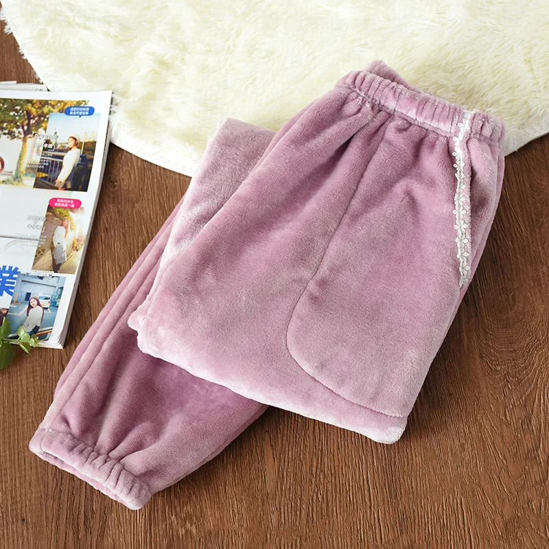 Новые сексуальные кружевные зимние теплые фланелевые штаны для сна, женские длинные штаны, коралловые бархатные мягкие теплые штаны для сна, женские домашние брюки - Цвет: Фиолетовый