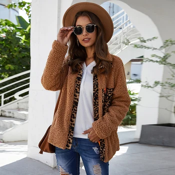 

Quality Winter Jacket Fleece Warm Casual Leopard Patchwork Jackets Feminine Teddy Cozy Coat Woman Zipper Outerwear