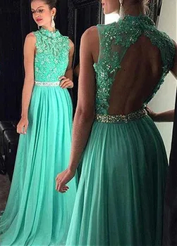 

Mint Green Prom Dresses Long Lace Appliques Crystal High Neck Open Back Chiffon Evening Dress Party Gowns Vestidos De Festa