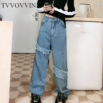 

TVVOVVIN 2020 New Spring Casual Mom Jeans Long Trousers Cowboy Female Loose Streetwear Fringed Edge Stitching Pants ZA3027
