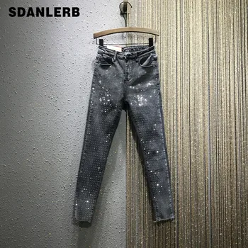 

European Style Jeans Women 2020 Spring New Hot Drilling Jeans Women's Gradient Colored Ripped Fur Trim Slim-Fit Pencil Pants