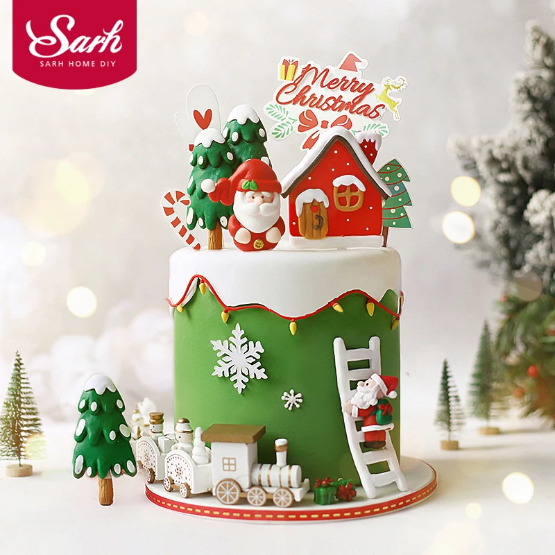Санта-Клаус лось поезд елка Рождественский торт топперы с Новым годом украшения