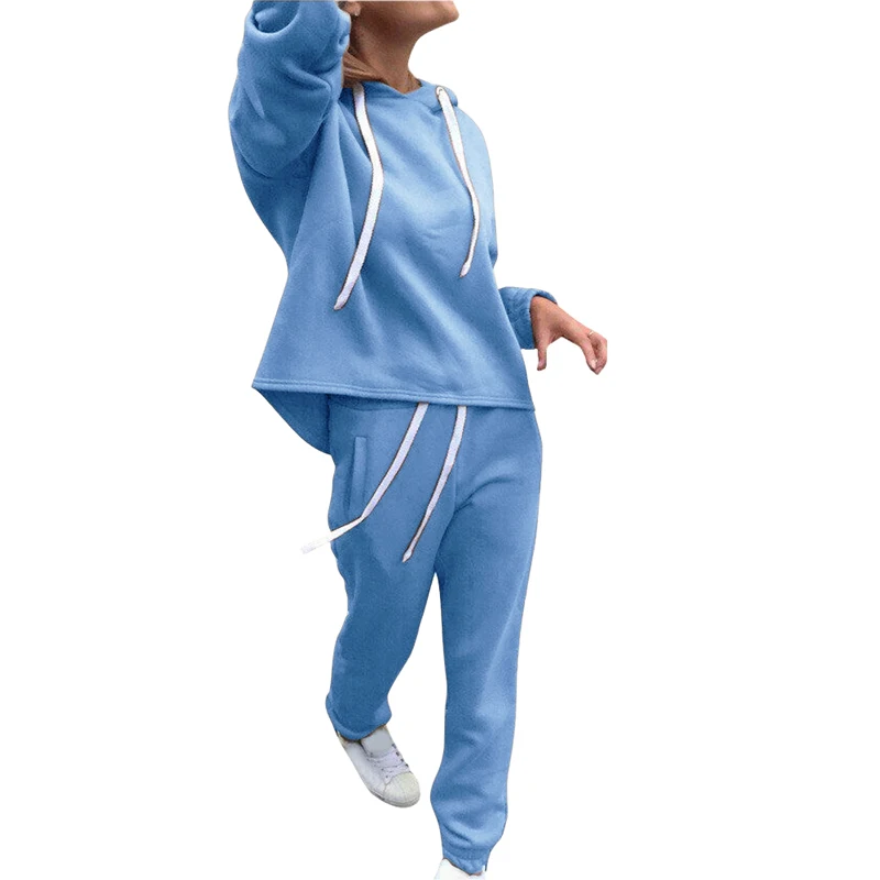 Blue Спортивный комплект из двух предметов, женская зимняя спортивная толстовка с капюшоном на шнурке+ тренировочный костюм-карандаш, пуловер, комплект - Цвет: Blue