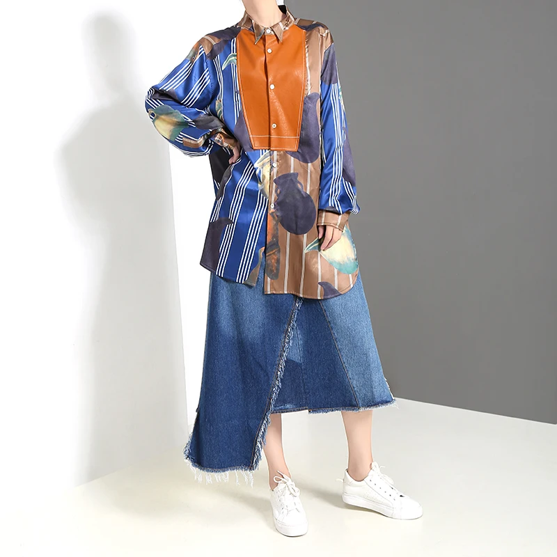 Новинка, женская блузка в Корейском стиле с длинными рукавами, яркая женская рубашка с разноцветным принтом, большие размеры, женская рубашка, сорочка, femme 5384