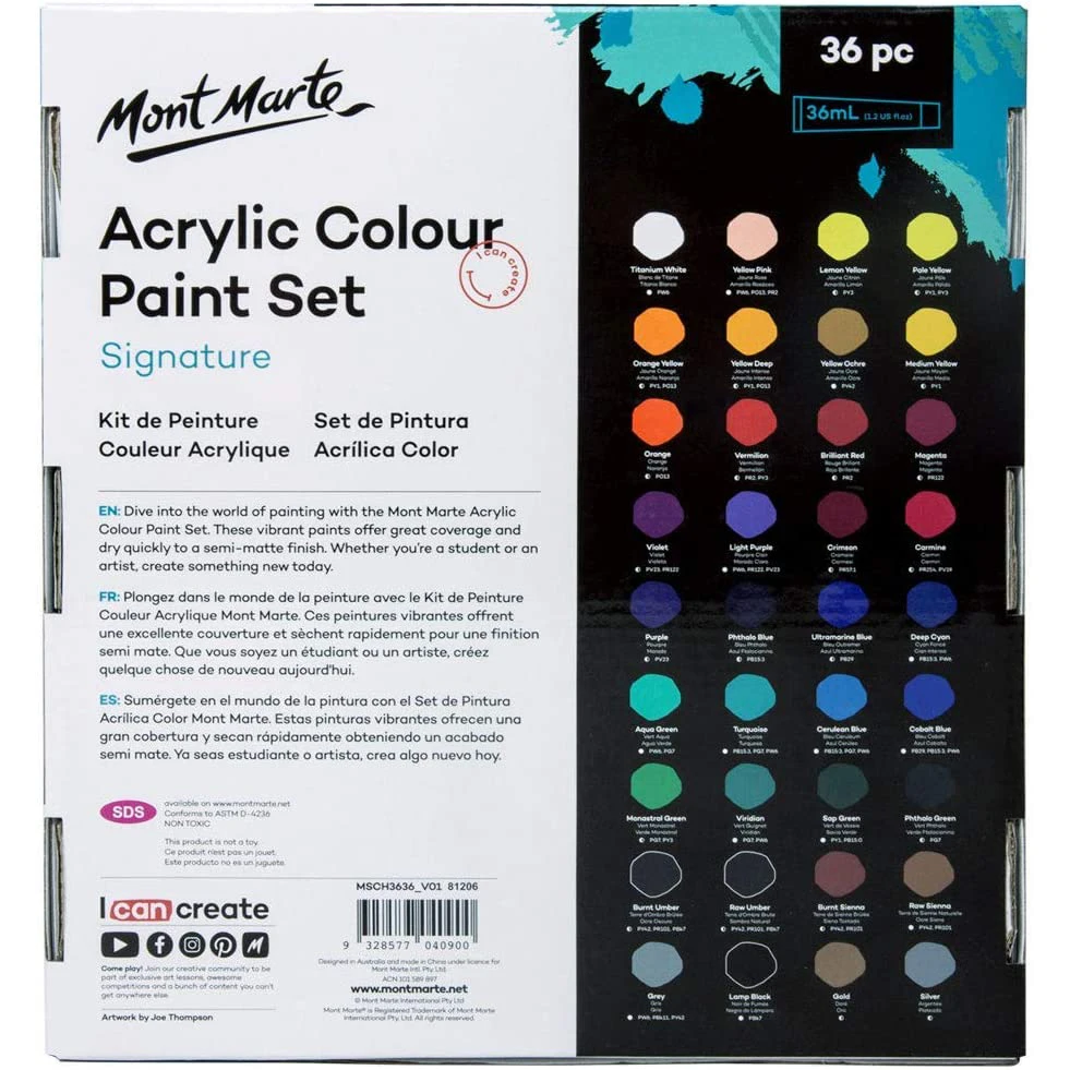 Mont Marte Acrylic Paints Set 12/18/24/36 Colors 12ml Tubes Artist Drawing  Painting Pigment Hand Painted Wall Paint DIY