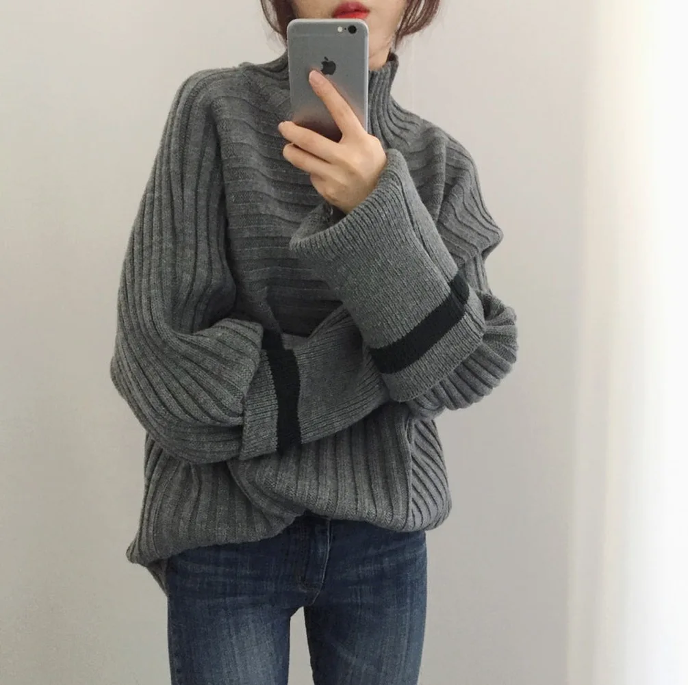 Женская трикотажная одежда осень-зима, Женский утолщенный свободный и универсальный тонкий трикотажный пуловер с высоким воротником, женский свитер