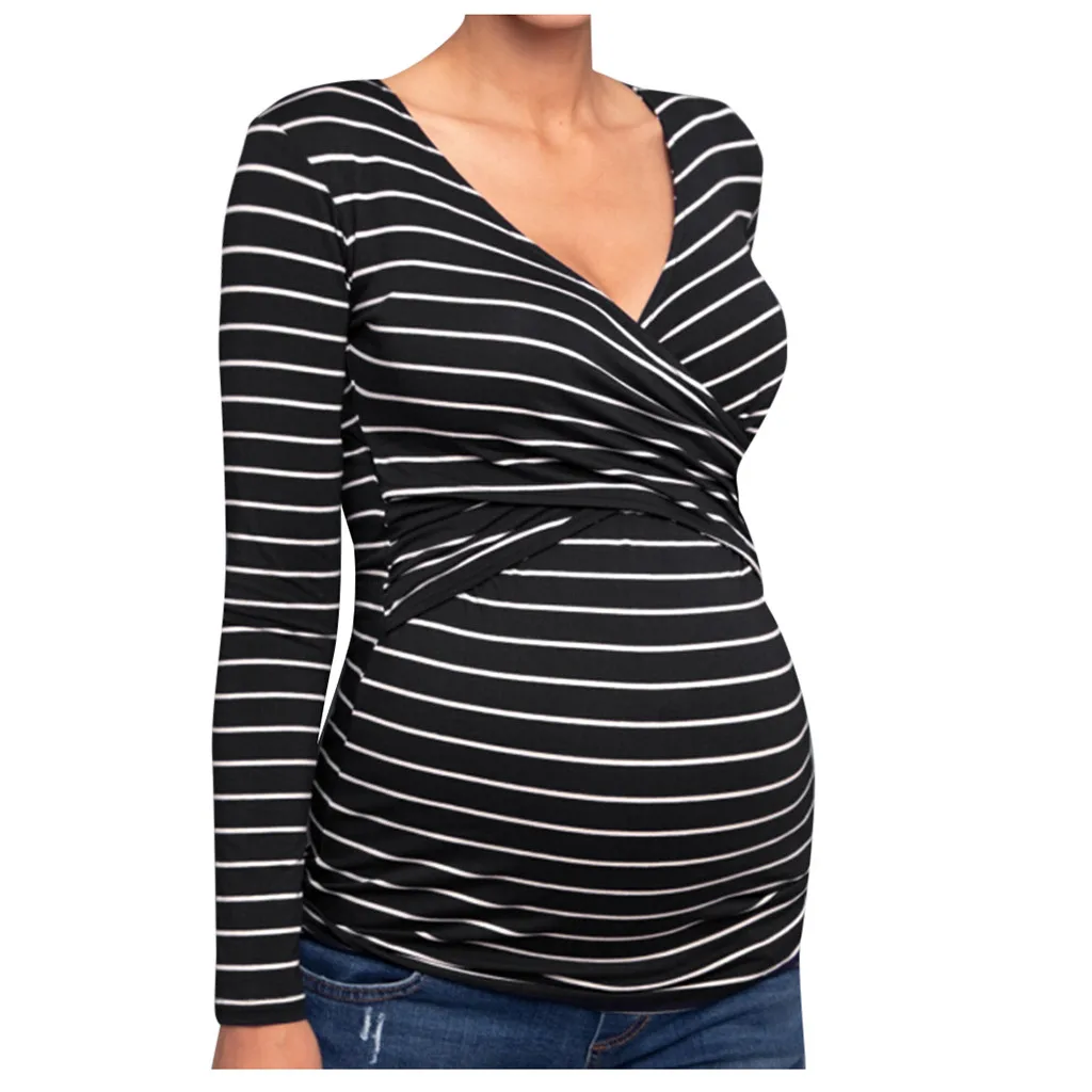 

Maternity Clothes Nusring Maternity V-neck Long Sleeve Ruffles Stripe Breastfeeding Clothes Pregnancy Shirt Bluzka Do Karmienia