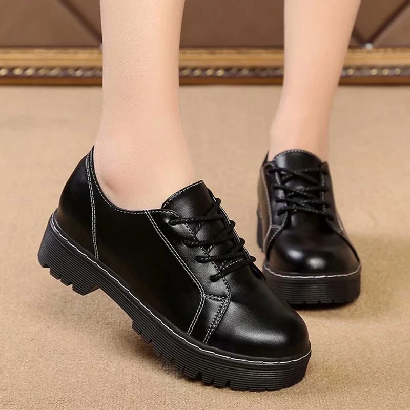 

Spring Black Oxford PU Leather Flats Classic Lace Up Formal Work Platform Shoes Woman Casual Loafers Fashion Comfort Boat Shoes