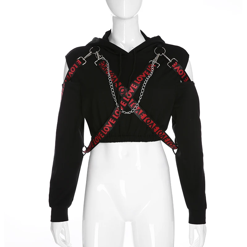 Iamhotty Black Moletom Feminino Inverno Off Shoulder Chain Ring Bandage Pullover Punk Style Solid Oversized Hoodie Trendy Femme