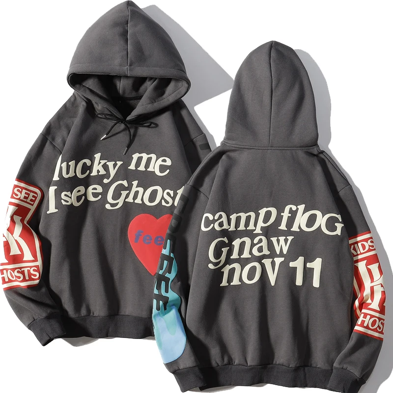 Graffiti Letter Printed Hoodie Men Lucky Me I See Ghosts 1