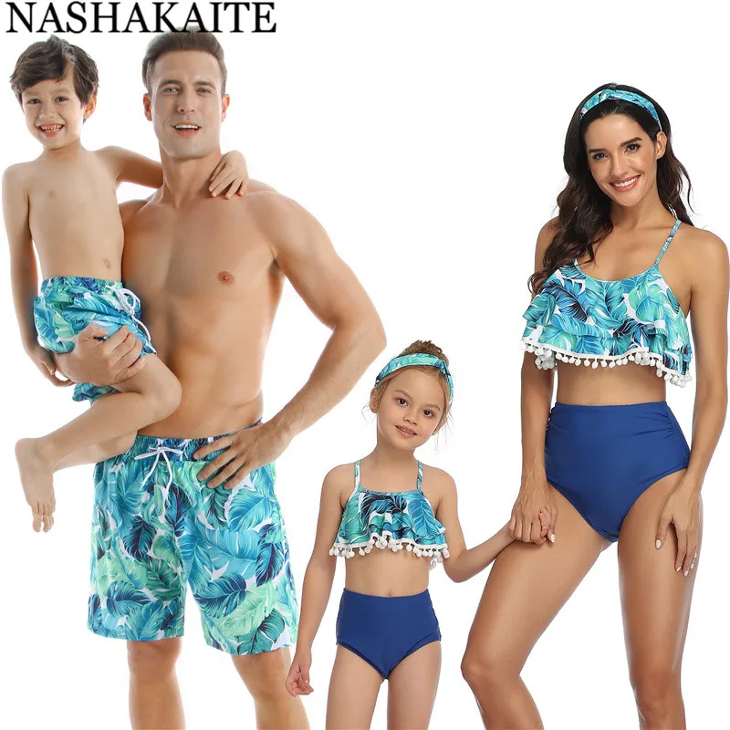 Семейные купальники NASHAKAITE, пляжный купальный костюм с тропическим принтом листьев, купальный костюм для мамы и дочки, мужские плавки для мальчиков - Цвет: Blue Leaf  1