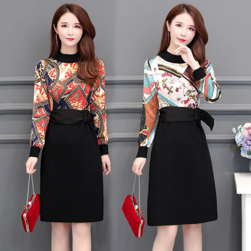 

Photo Shoot 2019 Spring New Style Women's Dress Printed Joint Slim Fit Slimming Dress