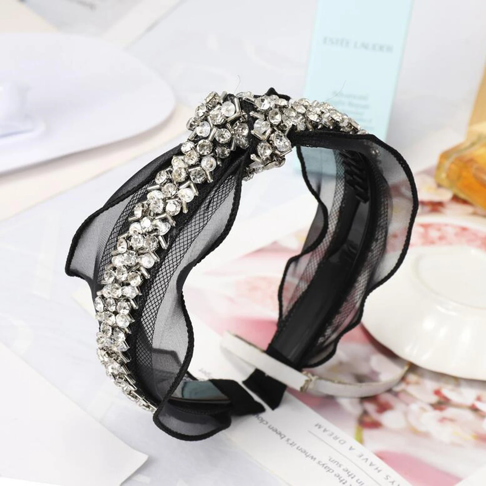 Новая Мода Rhinestone Hairband Wmen высококачественные кружевные тканевые головные уборы мягкая лента для волос центр узел украшения для волос оптом