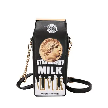 

Pink & Black Milk Carton Design Cartoon Print Hand Bags For Women 2020 Trend Small PU Leather Crossbody Bags Shoulder Chain Bag