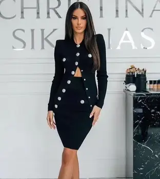 

Fashion Sexy Long Sleeve V Neck Black Two Piece Women Winter Dress 2020 Designer Evening Party Dress Vestido