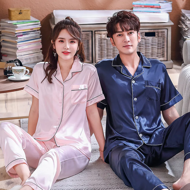 

Spring And Summer Autumn New Style Couples Pajamas Men's WOMEN'S Long Sleeve Imitated Silk Pajamas Simple-Style Pajamas