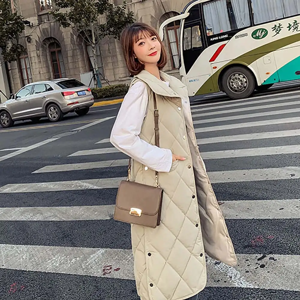 Vielleicht New Winter Long Vest Women Fashion Turn-down Collar Pockets For Female Casual Solid Cotton Padded Waistcoat