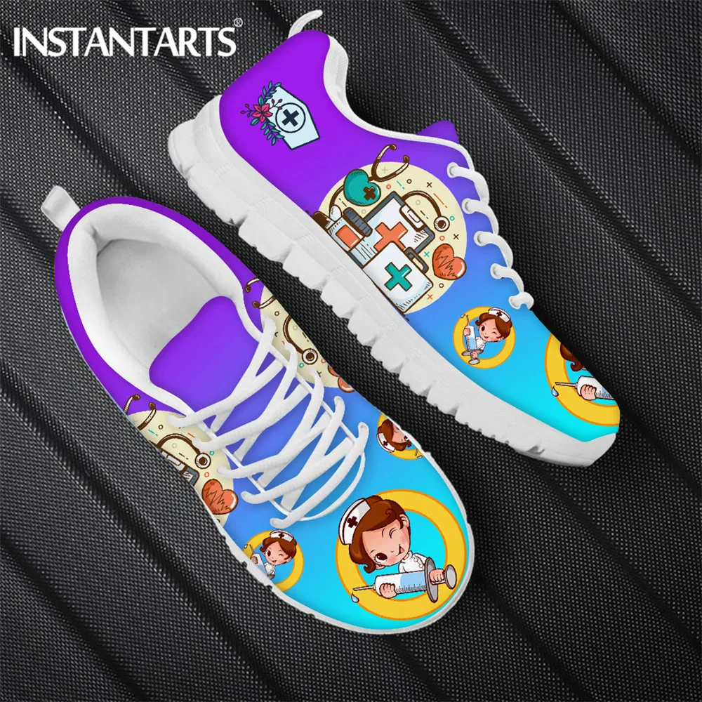 

INSTANTARTS Gradient Cartoon Nursing Doctor Brand Design Flats Shoes Women Casual Lace Up Sneakers Lightweight Nurse Ladies Shoe